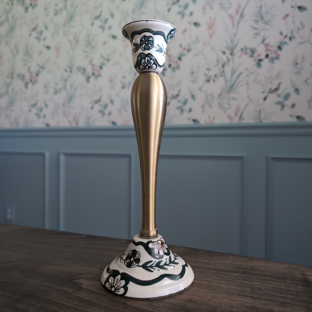 Green Floral Brass & Ceramic Candlestick‎ Holder Taper 10.5in Spanish/Italian
